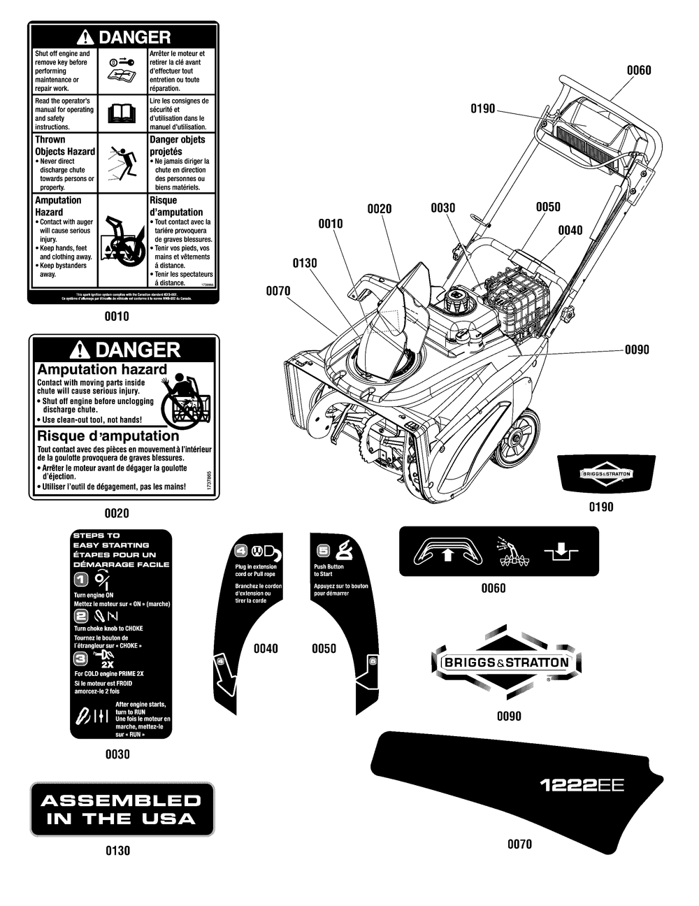 Decals Group Diagram and Parts List for 1696741-00-1222EE 2017 Briggs and Stratton Snow Blower